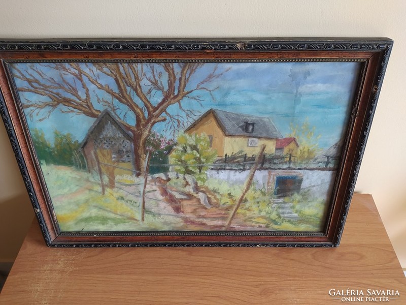 Beautiful village/farm detail painting (Béla Somogyi?) From 1956 with frame 52x37 cm