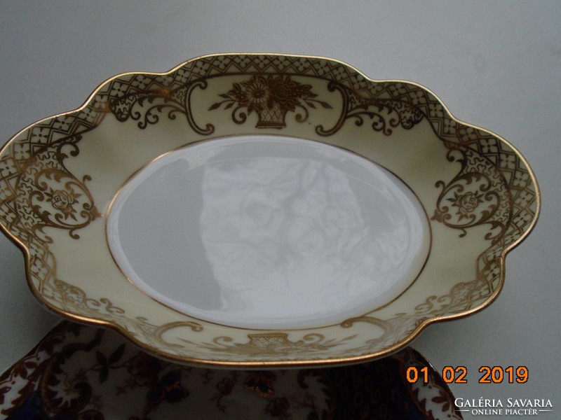 1920 Noritake luxury Japanese art deco oval decorative bowl, gold brocade flower basket pattern, pattern number 44318