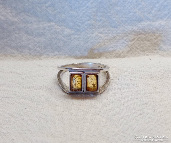 Old silver amber large ring, 925 silver