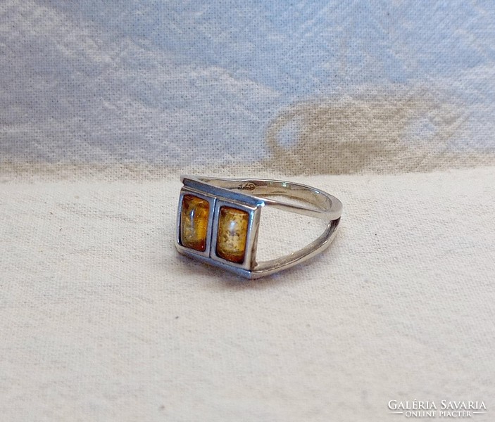 Old silver amber large ring, 925 silver