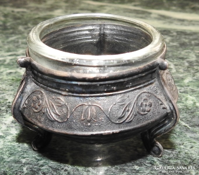 Antik háromlábú ezüstözött fém tartó üvegbetéttel