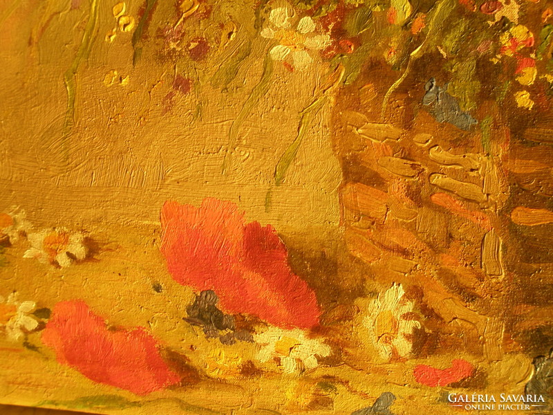 János Lukácsy (1884 - 1944): 'poppies' - large oil painting in blonde frame