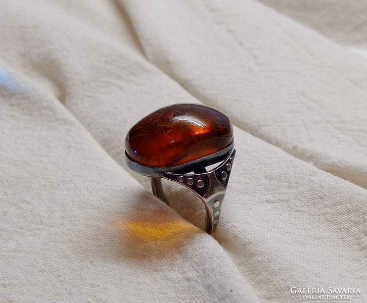 With video! Old Soviet silver amber large ring, 875 silver