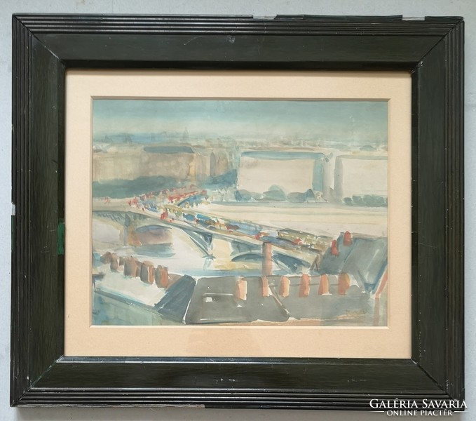 Budapest, Margit híd. Jelzett akvarell festmény. Erős színekkel.