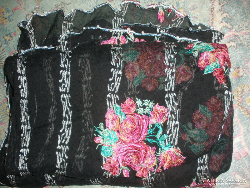 Embroidered, beaded black silk stole 80x240
