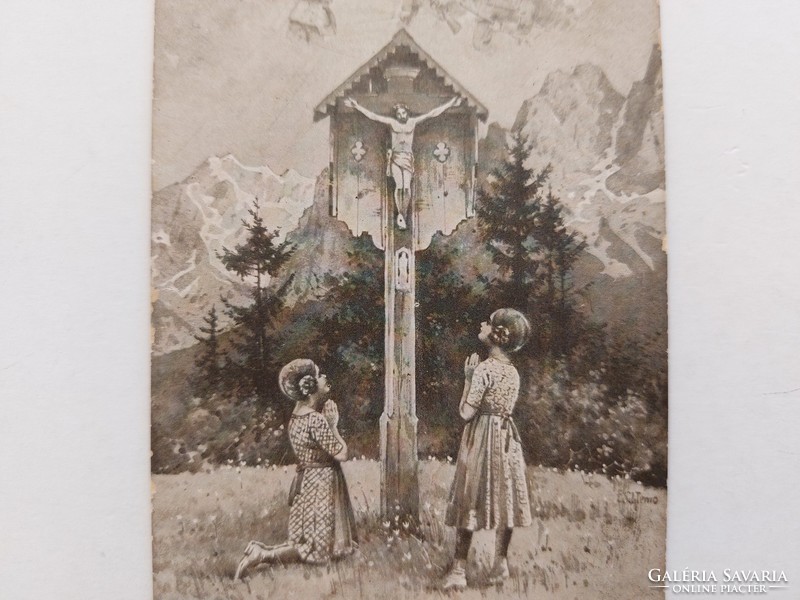 Old postcard 1917 postcard cross little girls soldiers