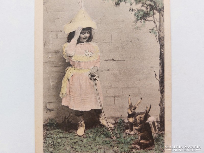 Old postcard postcard with little girl bunnies