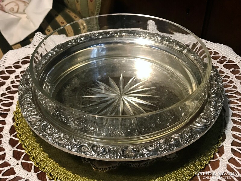 Beautiful, old, large, silver-plated, crystal-inlaid, chiseled offering bowl, centerpiece