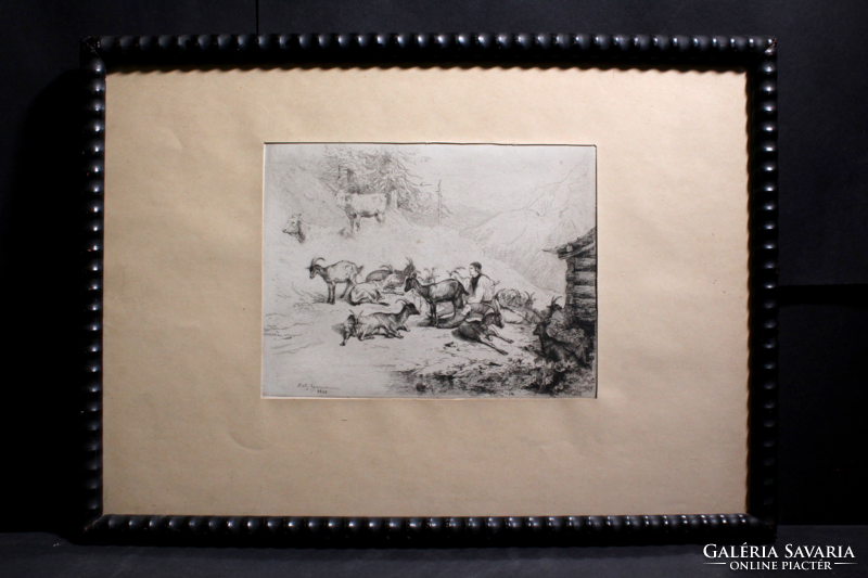 F. Gauermann (1807-1862): the goatherd (etching with frame) Austrian artist