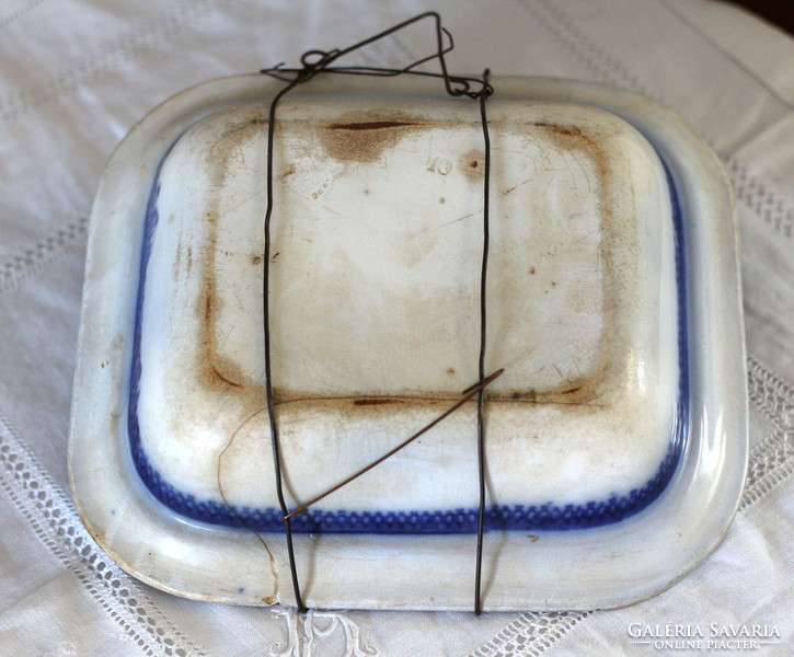 Antik Gustavsberg fajansz tál, máz alatti kobalt kézi festésű, sérült, javított