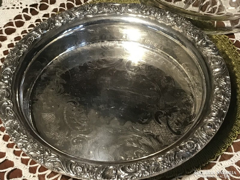 Beautiful, old, large, silver-plated, crystal-inlaid, chiseled offering bowl, centerpiece