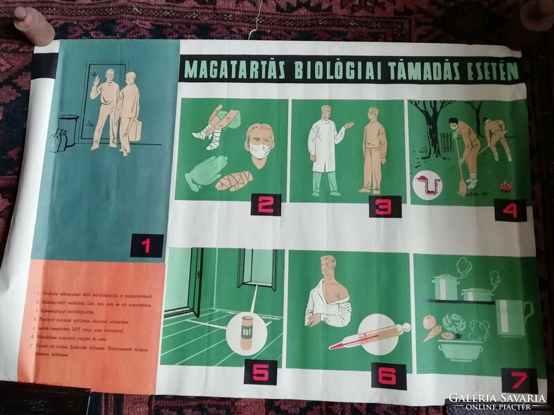 Plakát, polgári védelmi plakát, 1950 MAGATARTÁS BIOLÓGIAI TÁMADÁS ESETÉN, papír nyomat, enyhe sérülé