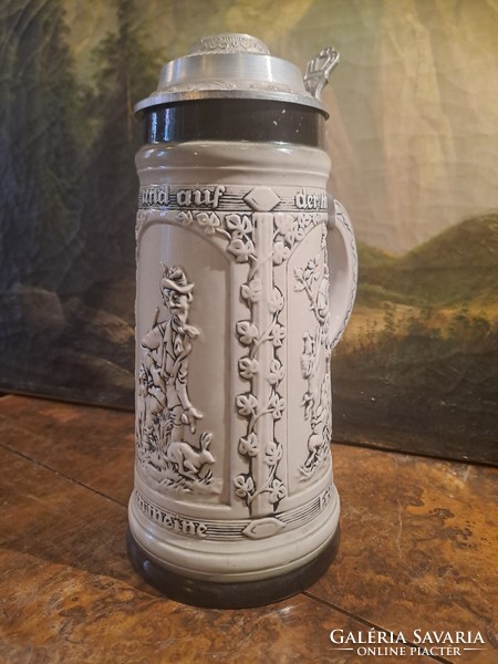 Porcelain jug with tin lid with hunters sitzendorf