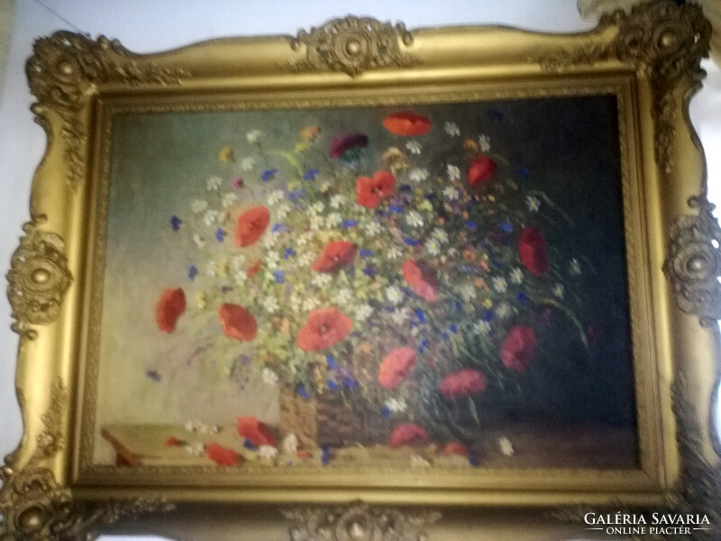 János Lukácsy (1884 - 1944): 'poppies' - large oil painting in blonde frame