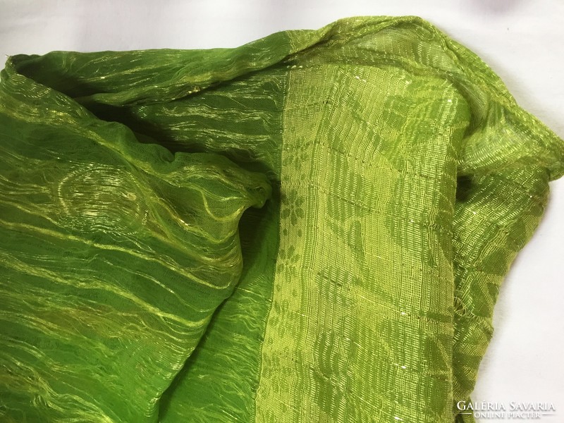 Elegant casual two-color green scarf and stole made of thin, two-layer material with gold threads