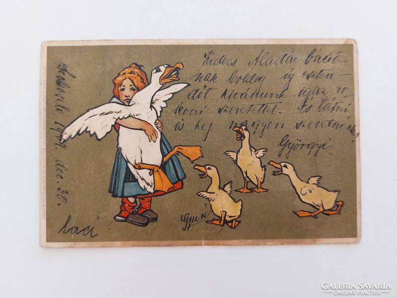 Régi képeslap 1904 levelezőlap kislány libák
