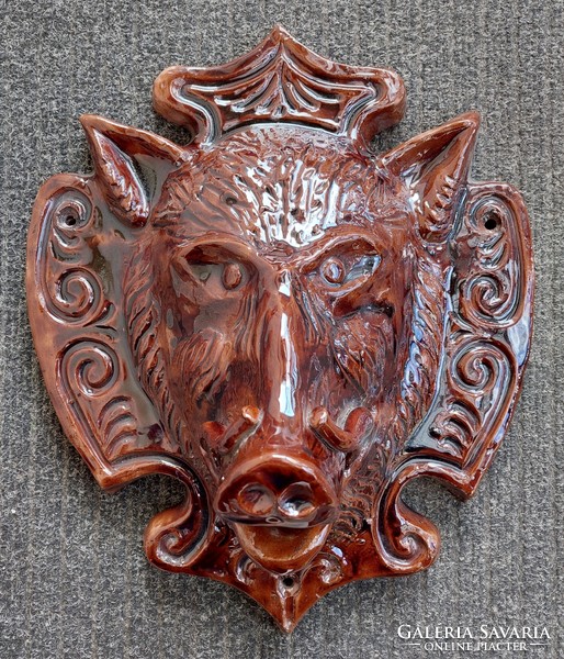 Boar head made of glazed ceramics - gargoyle - wall fountain - wall decoration - hunter