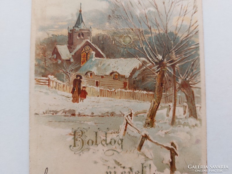 Régi újévi képeslap levelezőlap havas táj templom