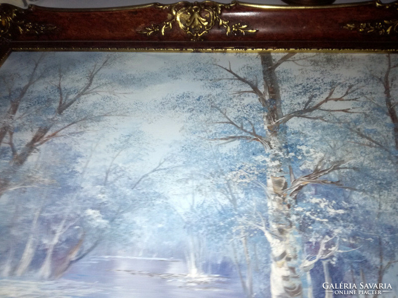 Winter waterfront landscape - beautiful signed oil painting in original blondel frame
