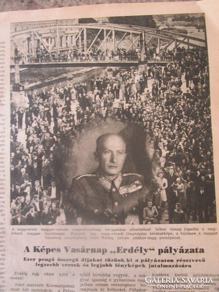 1940 ERDÉLYI BEVONULÁS ALKALMÁBÓL KIADOTT címlapon vitéz Nagybányai Horthy Miklós KÉPES VASÁRNAP ÚJS