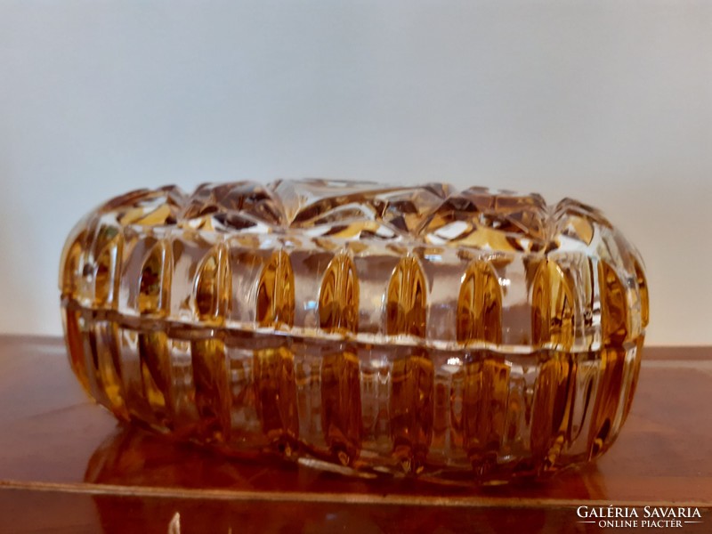 Retro üveg bonbonier régi borostyán színű üvegdoboz