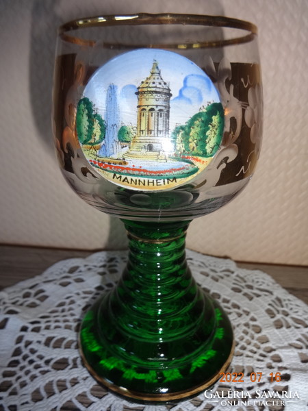 Old Roemer (römer) wine glass, goblet, commemorative glass (mannheim) with a green base, decorated with a grape pattern