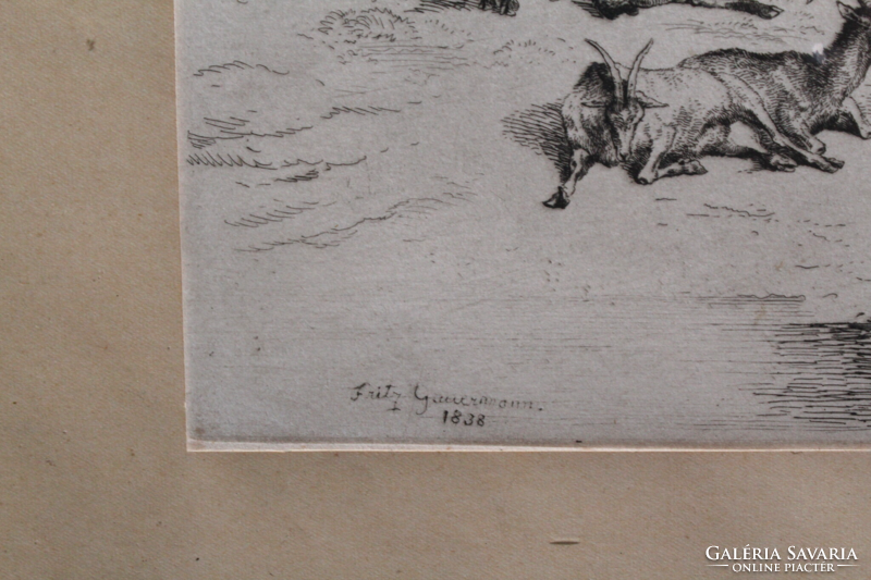 F. Gauermann (1807-1862): the goatherd (etching with frame) Austrian artist