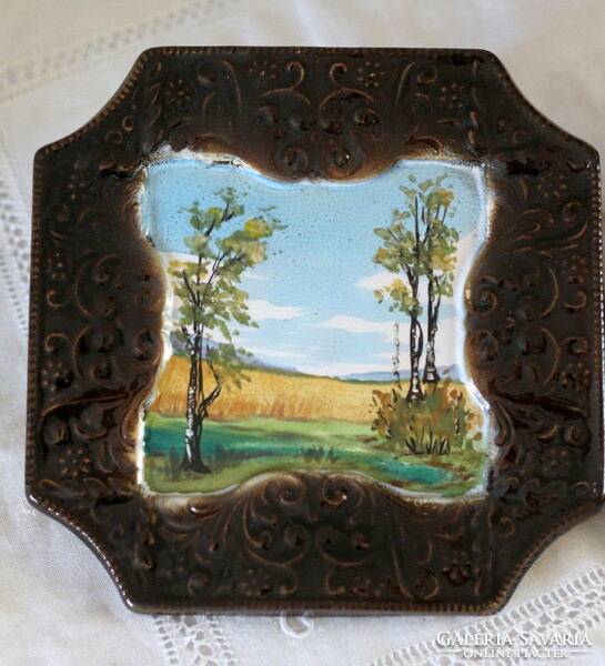 Pair of antique, hand-painted and gilded faience tiles depicting a landscape, decorative tiles