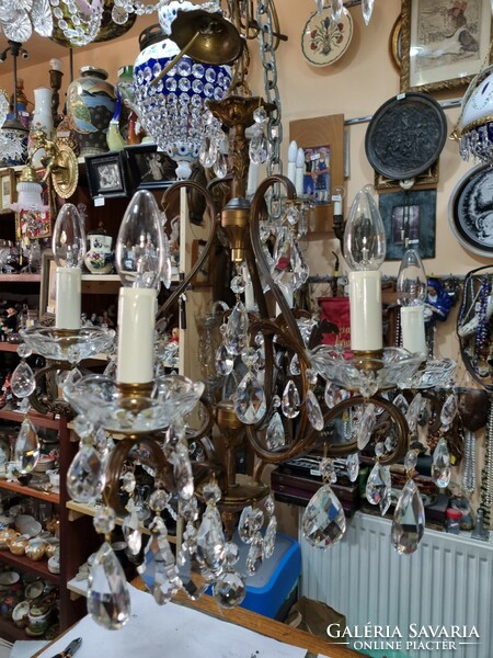 Old renovated crystal hanging copper chandelier