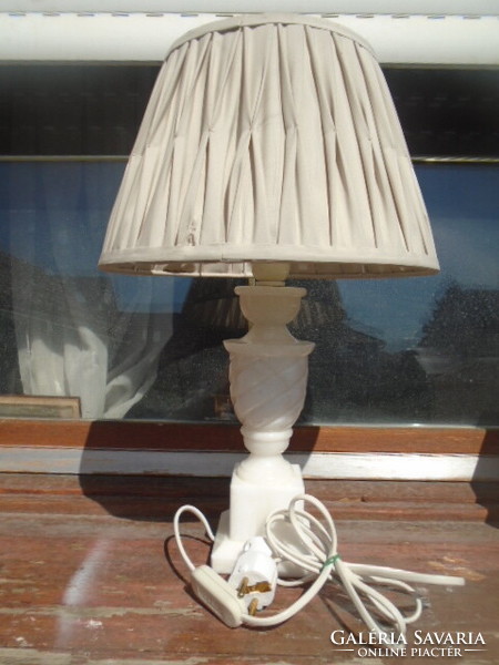 Beautiful, elegant, alabaster (Carara marble?) table lamp works perfectly. Beautiful shade! Antique