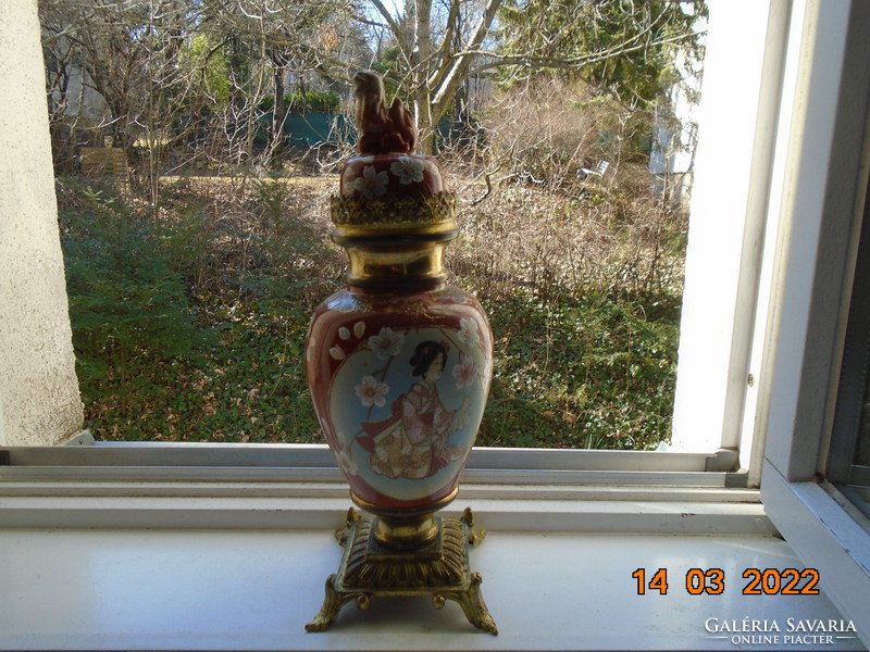 Antique Japanese porcelain, bronze and ormolu vase with geisha, cherry blossom, fo dog, restored