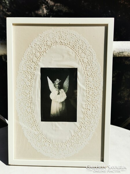 Antique photo, little girl in an angel costume, Christmas,