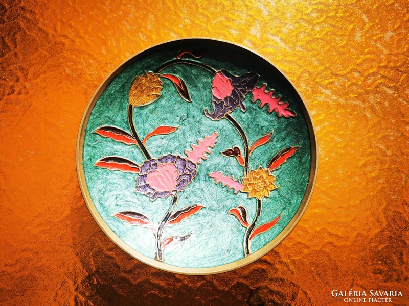 Copper floral fire enamel bowl,