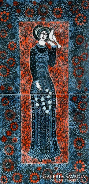 Vén Edit - Nő galambbal (zománcfestett falikép)
