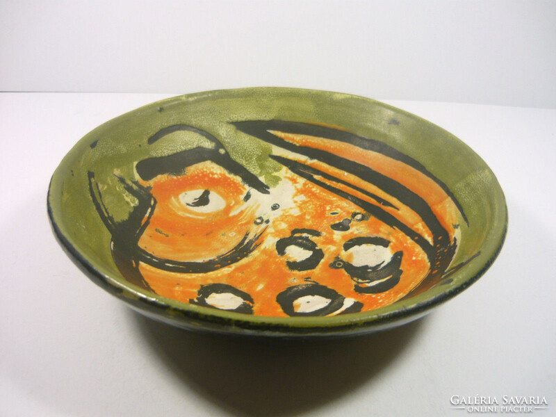 Gorka livia, retro 1960 green wall plate ns. 19.9 Cm artistic ceramic with bird, perfect! (G183)