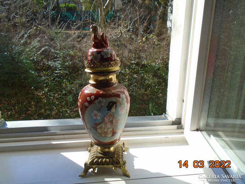 Antique Japanese porcelain, bronze and ormolu vase with geisha, cherry blossom, fo dog, restored