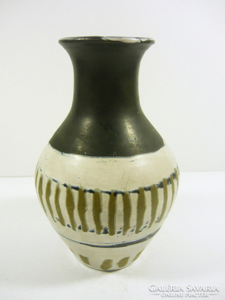 Gorka livia, retro 1950 black and white vase with stripes 17.5 Cm artistic ceramics, flawless! (G158)