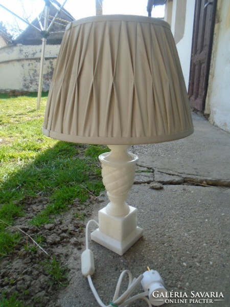 Beautiful, elegant, alabaster (Carara marble?) table lamp works perfectly. Beautiful shade! Antique