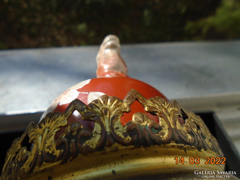 Antik japán porcelán és aranyozott bronz váza Gésával, cseresznye virággal, Fo kutyával ,restaurált