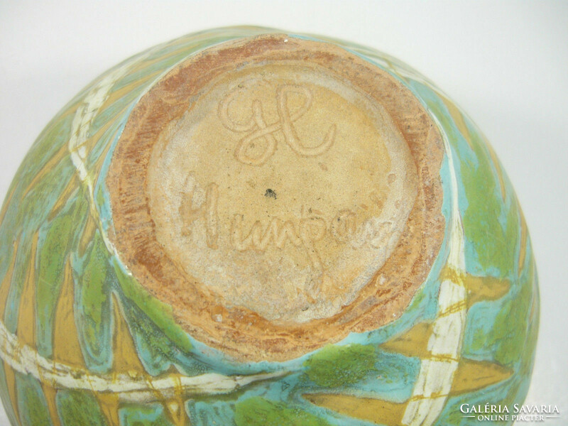 Gorka livia, retro 1950 green pot with herringbone motif 18.2 Cm artistic ceramics, flawless! (G186)