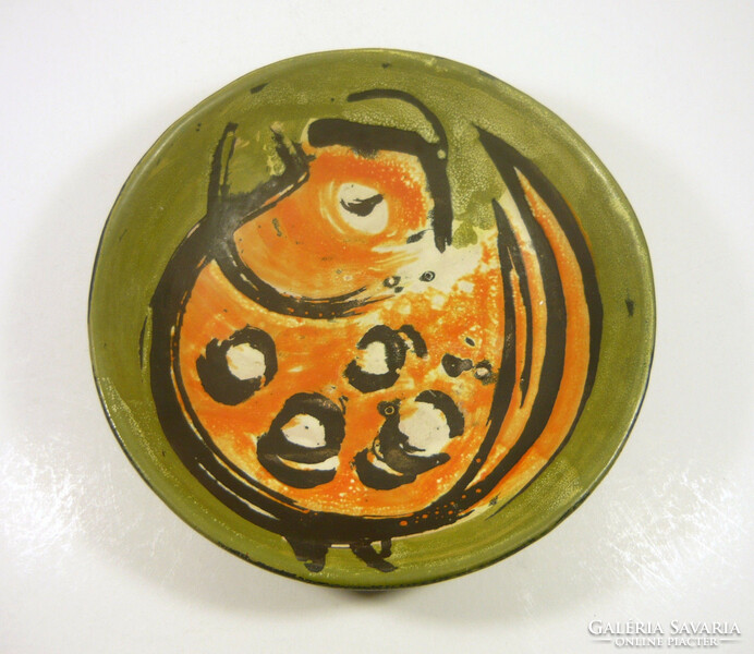 Gorka livia, retro 1960 green wall plate ns. 19.9 Cm artistic ceramic with bird, perfect! (G183)