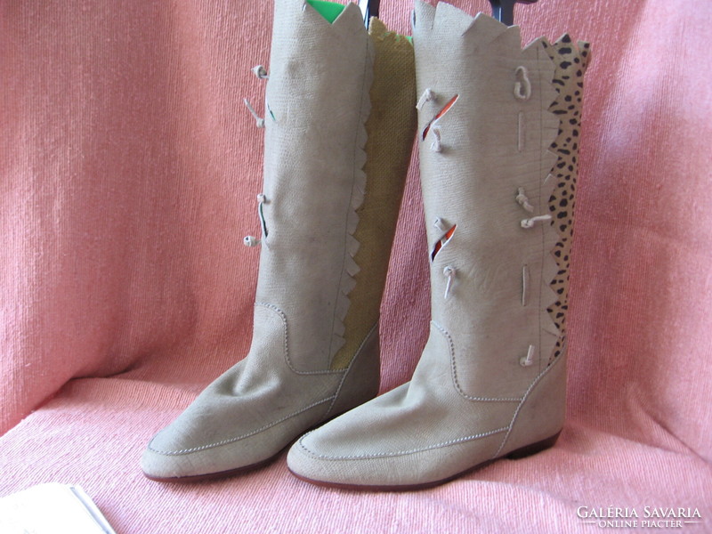 Italian beige leather - ocelot polka dot canvas fashion boots