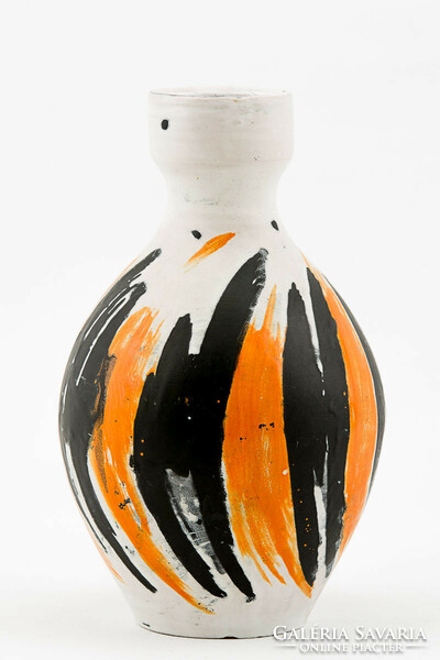 Gorka livia, retro 1950 white vase with stripes 23.5 Cm artistic ceramics, flawless! (G198)