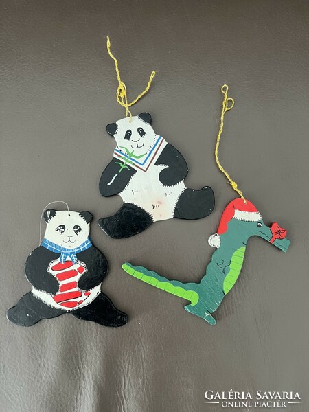Three special wooden Christmas tree ornaments crocodile and panda bears