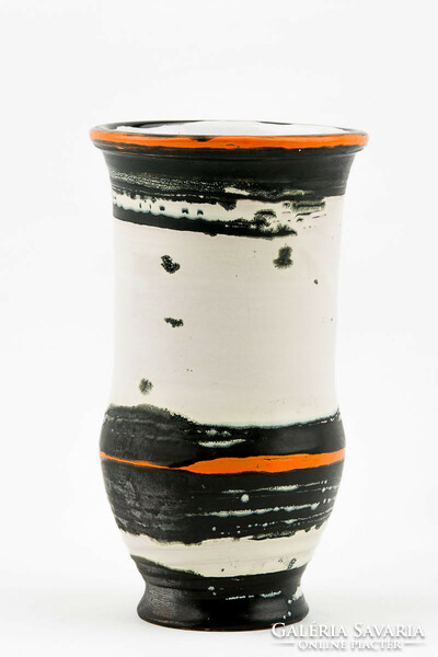Gorka livia, retro 1950 white vase black-ns. 23.5 Cm artistic ceramic with stripes, perfect! (G182)