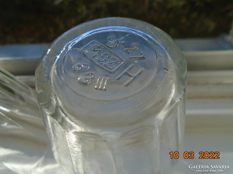 2 pieces of older thick-walled, ribbed, cast glass with the mark of the Hungarian standards body