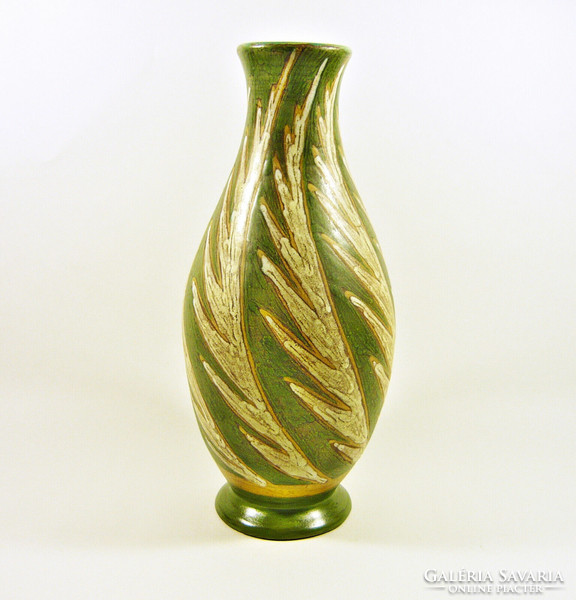 Gorka livia, retro 1950 with green fish motif 27.5 Cm artistic ceramic vase, flawless! (G137)