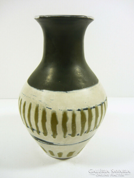 Gorka livia, retro 1950 black and white vase with stripes 17.5 Cm artistic ceramics, flawless! (G158)