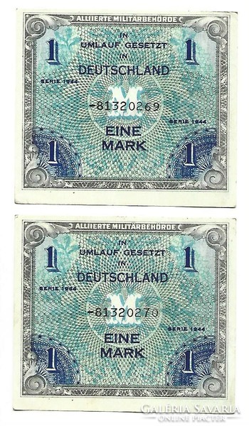 2 x 1 márka 1944 Német 8 jegyű sorszám katonai bankjegy Sorszámkövető pár