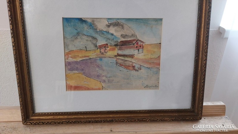 (K) Szignózott hegyvidék házakkal akvarell festmény 37x28 cm kerettel